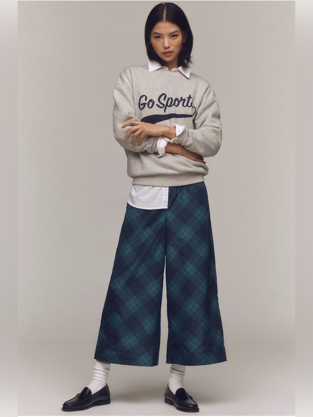 Anthropologie Maeve Tafetta Cropped Wide-Leg Plaid Green Navy Blue Pants Size LP